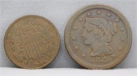 1853 Large Cent, 1864 2 Cent Piece.