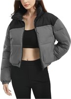 *NEW Women Cropped Short Puffer Jacket-M, Grey
