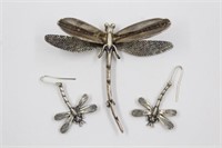 Sterling Silver Dragonfly Brooch & Earrings