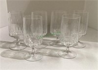 Set of six etched crystal cordial style glasses