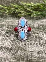 Sterling .925 Silver Turquoise & Red CP Ring 8.5