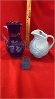 FENTON & HORTENSIA PITCHERS& BLUE GLASS TOOTH