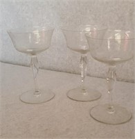 (3) CLEAR GLASS ETCHED STEMMED GLASSES