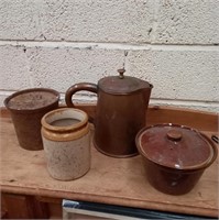 Large Copper Jug and 3 Stoneware Pots