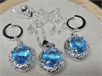 BLUE TOPAZ COLOR .925 NECKLACE & EARRINGS