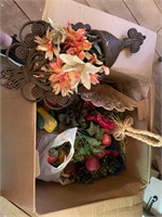 box of wall decor, fake fruit , flowers