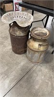 2 VINTAGE MILK CANS - 1 W/ TRACTOR SEAT