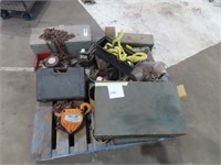 Pallet of workshop tools and chain blocks