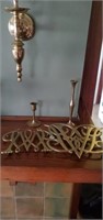 Brass trivet and candlesticks