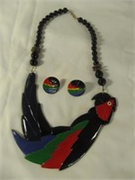 Wood Hand Painted Native Parrot Necklace Set