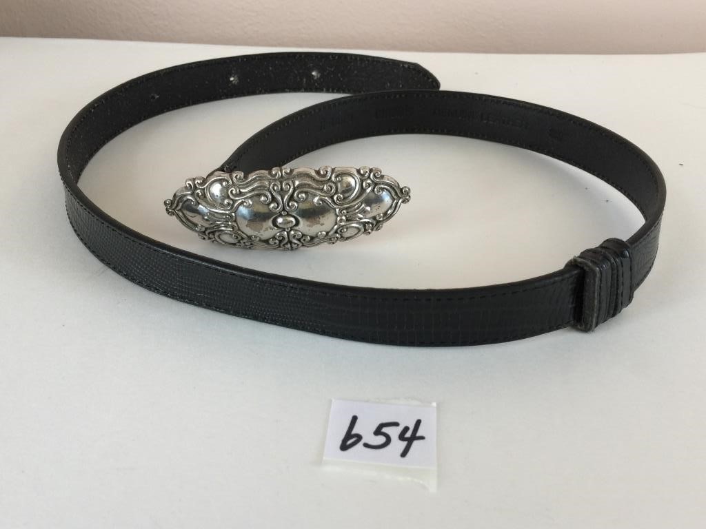 BLACK LEATHER BELT WITH LARGE SILVER TONE BUCKLE