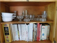 Contents of 2 Shelves-Cookbooks, Sundae Dishes,