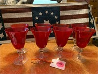SIX RUBY RED GLASSES WITH CLEAR BASES
