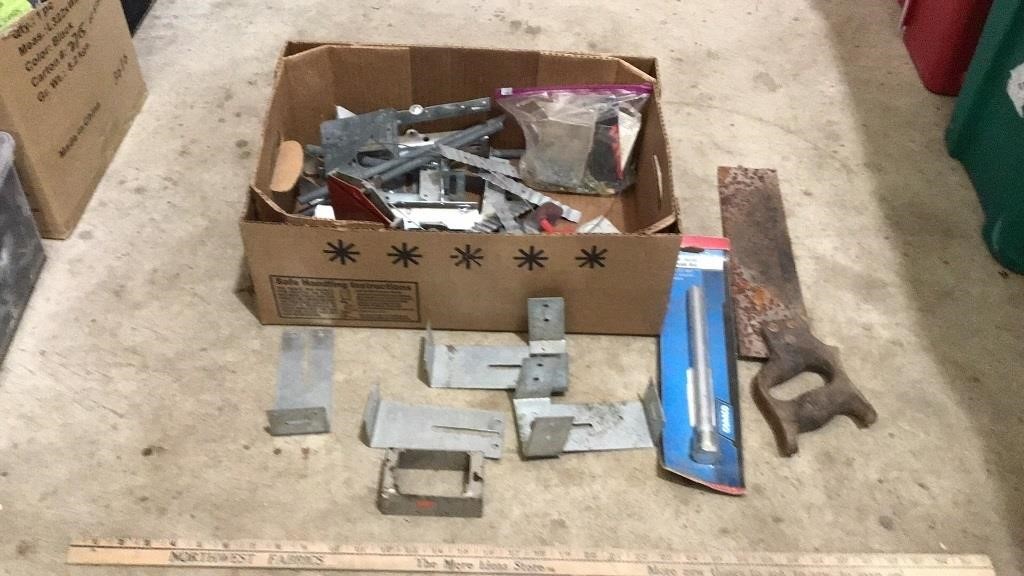 Hand saw, RV water heater, various hardware