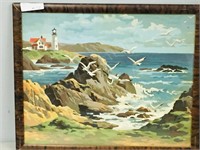 vintage painting- lighthouse & gulls- 17.5 x 22"
