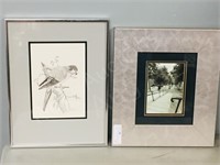2 framed pictures (bird sketch) & photo stairs