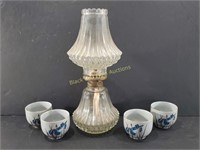 VTG Glass Diamond Cut Oil Lamp & Royal Iris Cups