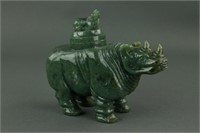 Chinese Green Jade Carved Rhino Vase with Cover