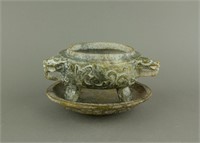 Old Archaic Green Jade Carved Censer With Stand