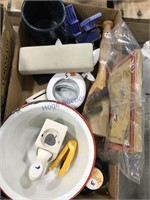 Misc.--blue enamel cup, old book, wood masher, etc