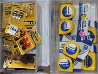2 Box lots- NEW tape measures & automotive bulbs