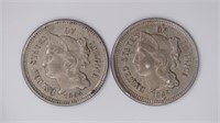 2 - 1865 Three Cent Nickels