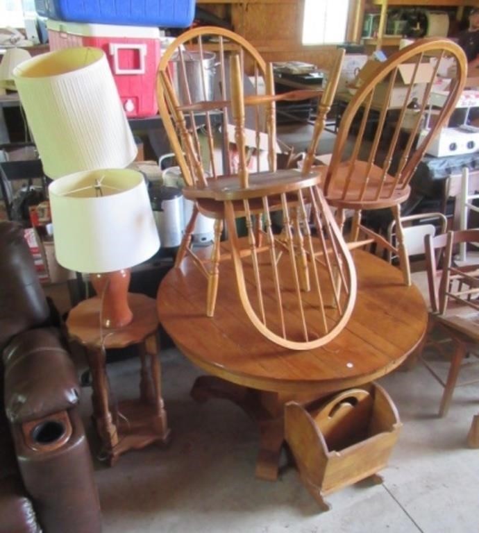 Round wood table with (3) chairs, magazine stand,