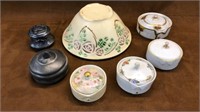 Roseville bowl, collar cuff link/ button boxes