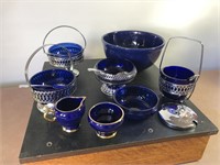 Silver plated cobalt blue serving dishes, cr&sugar