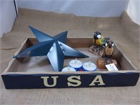 Wood USA Box/Blue Metal Star/Wood Birds/Candles