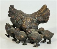 GOOD QUALITY CARVED BRONZE CHICKEN & HER ROOST