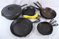 10 Vtg. Cast Iron Skillets & Metal Pans