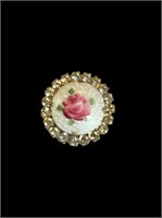 Vintage CORO Signed Guilloche Handpainted Rose Pin