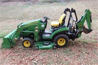 John Deere 1025R with Loader, Backhoe & 4 Wheel