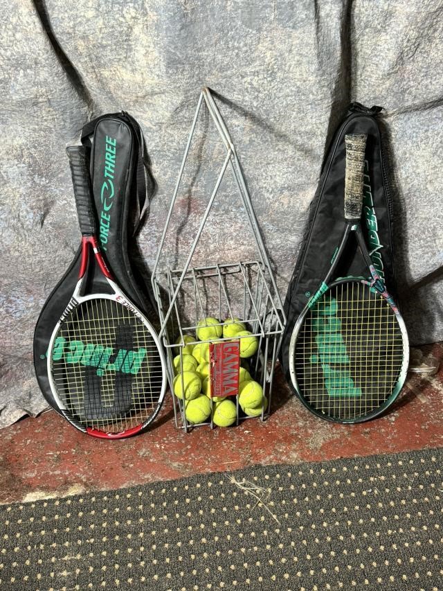 2 Prince Tennis Rackets and Tennis Ball Hopper