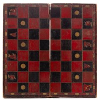 FOLK ART CARVED AND PAINTED WALNUT GAMEBOARD,