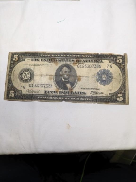 1914 Five Dollar Federal Reserve Note, as found