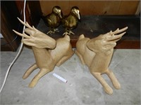 Two Paper Mache Deer and Two Golden Crows