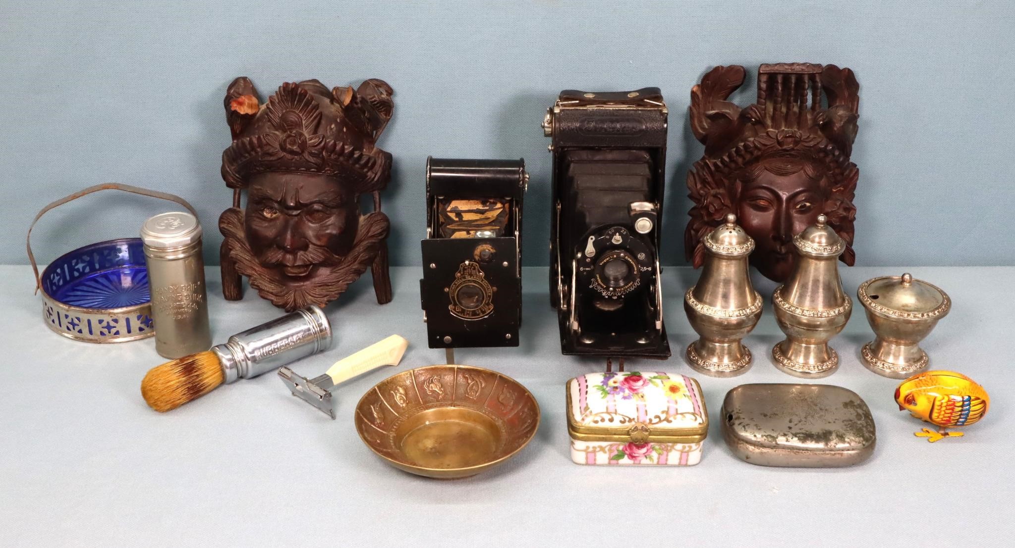 Antique Cameras, Carved Wood Masks, etc.