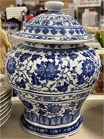 Antique blue and white porcelain jar with lid