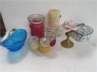 Lot: Assorted Candles and Blue Candy Dish