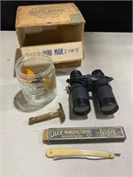 Cigar box, shaving & binoculars