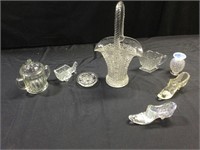 Clear pressed glass basket, Fenton shoe