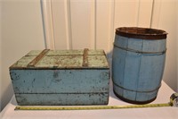 2 blue painted wooden objects: nail keg and shippi