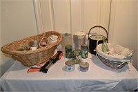 Lot: 2 wicker baskets, kitchen wares, sea glass an