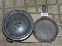 Vintage 9" Cast Skillet & Round Granite Roaster