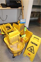 (3) Commercial Mop Buckets, Caution Sign, Mop
