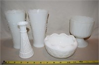 (5) Vintage Milk Glass Vases & Bowl