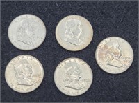 (5) 1950 Franklin 90% Silver Half Dollars