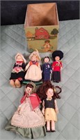 Vintage Group of Mini Dolls (Qty 6) & Wood Box